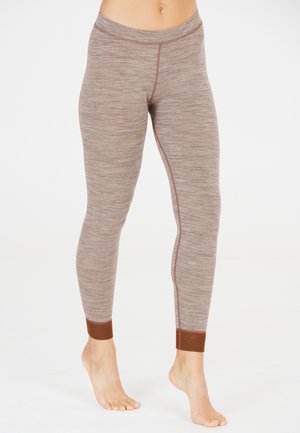 Braune melierte Leggings aus elastischem Material, mit enganliegendem Schnitt, kontrastierendem Taillenbund und braunen Bündchen an den Knöcheln.