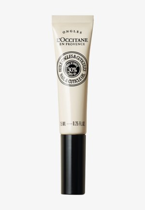 Tube d'huile pour ongles et cuticules L'Occitane contenant 30 % d'huile de karité, corps beige et bouchon noir, contenance 7,5 ml.