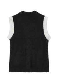 Gilet senza maniche nero in tessuto strutturato, con dettagli arricciati bianchi lungo le spalle e un pannello posteriore liscio.