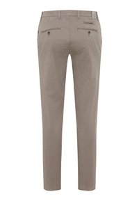 Beige chinos with a straight-leg design, featuring two back pockets with button closures, belt loops, and a smooth fabric texture.