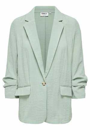 Gaiši zaļš teksturēts žakete ar iedobtiem atlokiem, vienu pogu aizdari, garām pūstām piedurknēm un atloku kabatām abās pusēs.