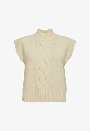 Kootud kreemivärvi kampsun kõrge kraega, lühikeste varrukatega ja keskel kabeli kudumise mustriga. Tekstuuriga kangas ribakaartega allääres.