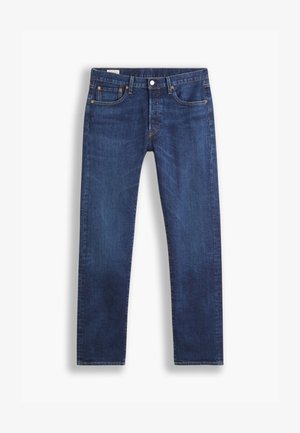 Dark blue denim jeans with a straight-leg cut, five pockets, orange stitching, and a button closure at the waistband. No visible patterns.