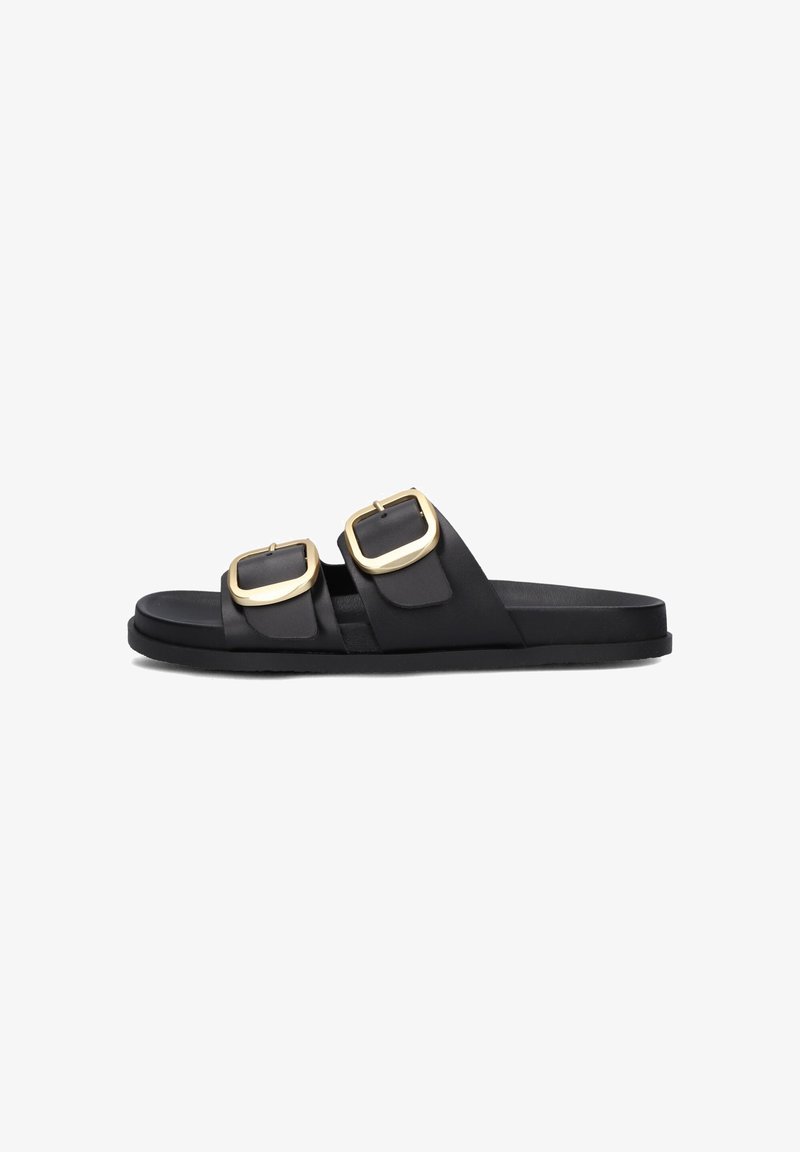 Black slide sandal featuring two wide straps, each with a square, gold-tone buckle. Made from smooth material with a flat rubber sole.