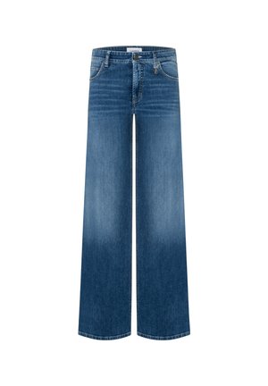 Blauwe denim spijkerbroek met wijde pijpen, voorzakken, riemlussen, knoopsluiting en subtiel vervagen op de pijpen.