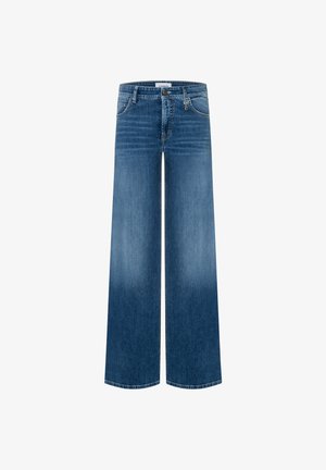 Jean en denim bleu à jambes larges avec poches avant, passants de ceinture, fermeture par boutons et légère décoloration sur les jambes.
