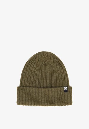 Olive green knit beanie with a ribbed texture, featuring a folded cuff and a small black brand label on the side.