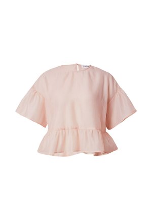 Haut de couleur pêche à manches courtes en tissu léger avec un ourlet peplum et une petite fermeture au dos. Design simple et décontracté.