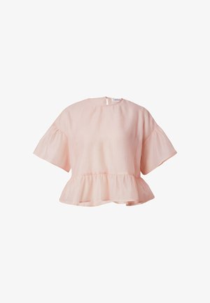 Perzikkleurig korte mouwen top gemaakt van lichtgewicht stof met een peplum onderrand en een kleine sluiting op de rug. Eenvoudig, ontspannen ontwerp.