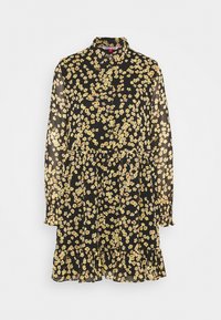Abito nero con maniche lunghe, decorato con un motivo floreale giallo e rosso. Realizzato in tessuto trasparente con una ruffle a strati all'orlo.