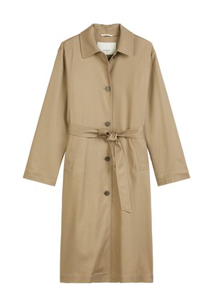 Tan trench coat with a collared neckline, front buttons, and a tied waist belt. Features long sleeves and two side pockets.