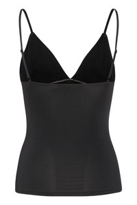 Černý top bez rukávů s výstřihem do V, tenkými nastavitelnými ramínky a hladkou, elastickou texturou. Vagálně zdobení na výstřihu.