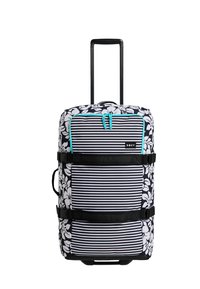 Cestovní taška na kolečkách s černobílým květinovým a pruhovaným vzorem, tyrkysovými detaily na zipu a vysouvací černou rukojetí.