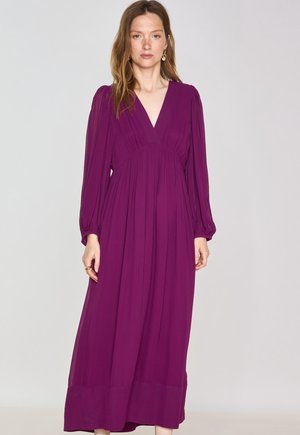 V-neck long purple dress with long sleeves, pleated fabric, textured hem, and cinched waist, made of lightweight material.