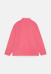 Felpa in pile rosa con colletto alto, maniche lunghe e una consistenza morbida. Caratterizzata da un design semplice e solido, senza motivi o decorazioni.