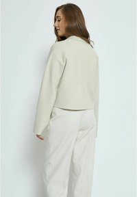 Avskuren, ljusbeige jacka med krage och långa ärmar. Matchas med löst sittande beige byxor. Slät textur, minimalistisk design.
