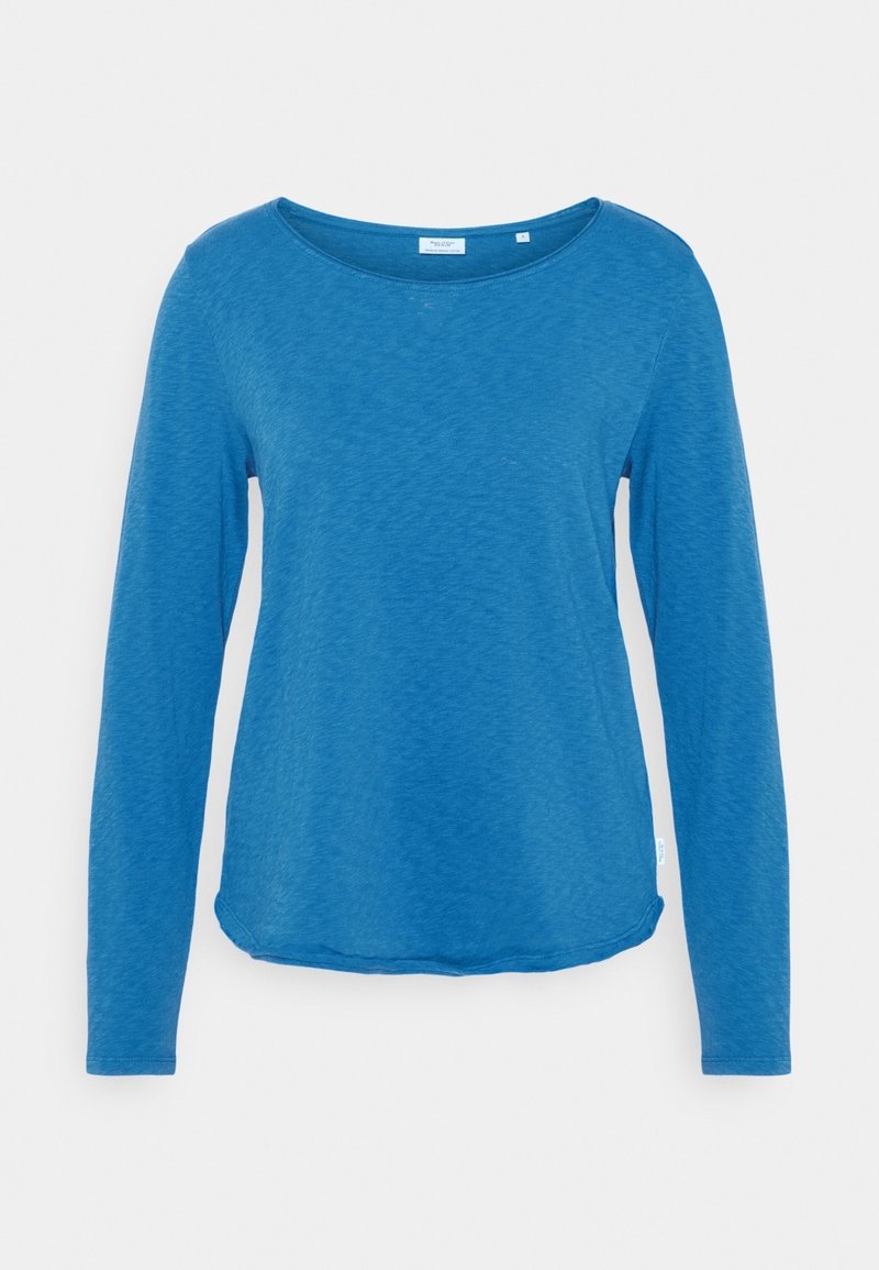 Blauw shirt met lange mouwen, gemaakt van gestructureerde stof, met een ronde halslijn en een licht gebogen onderkant. Bevat een klein logo-label aan de zijkant.