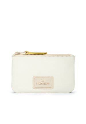 Petit porte-monnaie rectangulaire en cuir crème avec étiquette beige Pikolinos et fermeture éclair supérieure avec accents jaunes.