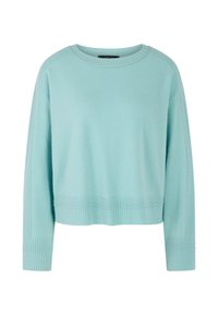 Gekürzter Pullover in hellem Mintgrün, aus weichem Stoff. Verfügt über einen gerippten Halsausschnitt und Bündchen, mit einer glatten Textur des Körpers und einem lockeren Schnitt.