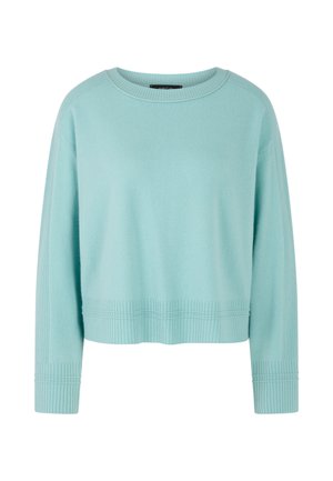Cropped sweater in light mint green, made of soft fabric. Features ribbed neckline and cuffs, with a smooth body texture and relaxed fit.