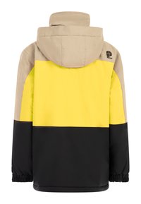 Kleurgeblokte jas met een beige capuchon, gele bovenkant en zwarte onderkant. Gemaakt van gladde stof met elastische manchetten.