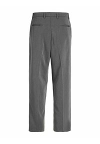 Gray tailored trousers with a smooth texture, straight cut, and two back pockets. Features belt loops and pressed creases for a polished look.