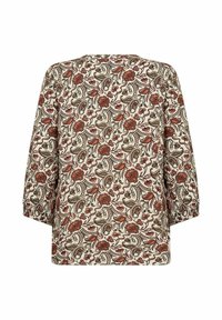 Langsleeve top met een bloemen paisley patroon in rood, bruin en roomkleur. Heeft een relaxed fit en een geweven textuur. Geen zichtbare sluitingen.