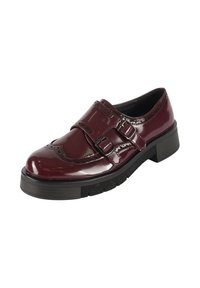 Scarpa in pelle verniciata bordeaux con dettagli brogue, doppia fibbia e una spessa suola in gomma nera per maggiore aderenza e durabilità.