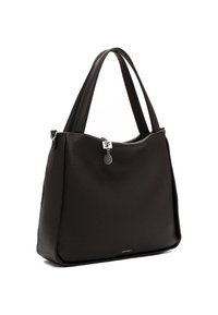 Black leather handbag with a pebbled texture, double handles, silver hardware, and a zipped closure. Logo detail visible on the front.