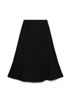 Gonna nera a linea ad A, lunghezza fino al ginocchio, realizzata in tessuto liscio. Presenta una vita aderente e una silhouette svasata, senza motivi o accessori visibili.