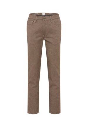 Braune, gerade geschnittene Hosen aus strukturiertem Stoff mit fünf Taschen, einem vorderen Knopfverschluss und Gürtelschlaufen an der Taille.