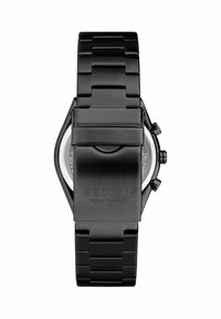 Orologio in metallo nero con finitura opaca, caratterizzato da un bracciale a maglie e da una cassa rettangolare. Il fermaglio è inciso con la scritta "SECTOR". Sono visibili diversi pulsanti.