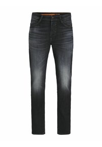 Jeans din denim de un albastru închis, cu croială dreaptă, având o textură uzată, cusături portocalii și accesorii metalice clasice la fermoar.