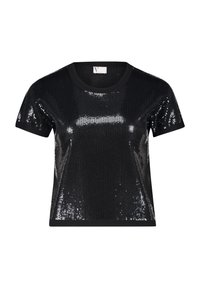 Schwarzes T-Shirt mit kurzen Ärmeln, das mit Pailletten bedeckt ist, mit einem runden Halsausschnitt und einer glatten Textur, ergänzt durch einen einfarbigen schwarzen Saum am Kragen.