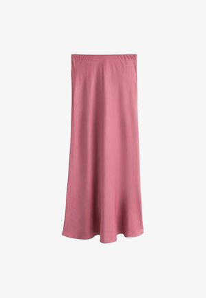 Jupe rose, à mi-longueur, en tissu lisse avec une taille élastique et une silhouette fluide, sans motifs ni accessoires.