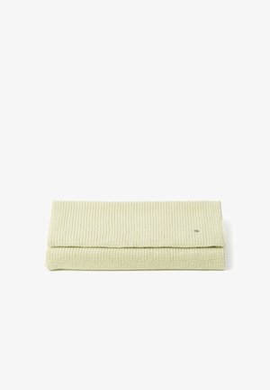 Lichtgroene geribbelde gebreide sjaal plat gevouwen op een witte achtergrond met een klein zichtbaar metalen merklogo.