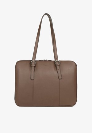 Borsa tote in pelle marrone con texture liscia, doppi manici piatti, chiusura a zip e sottili dettagli di cucitura ai lati.