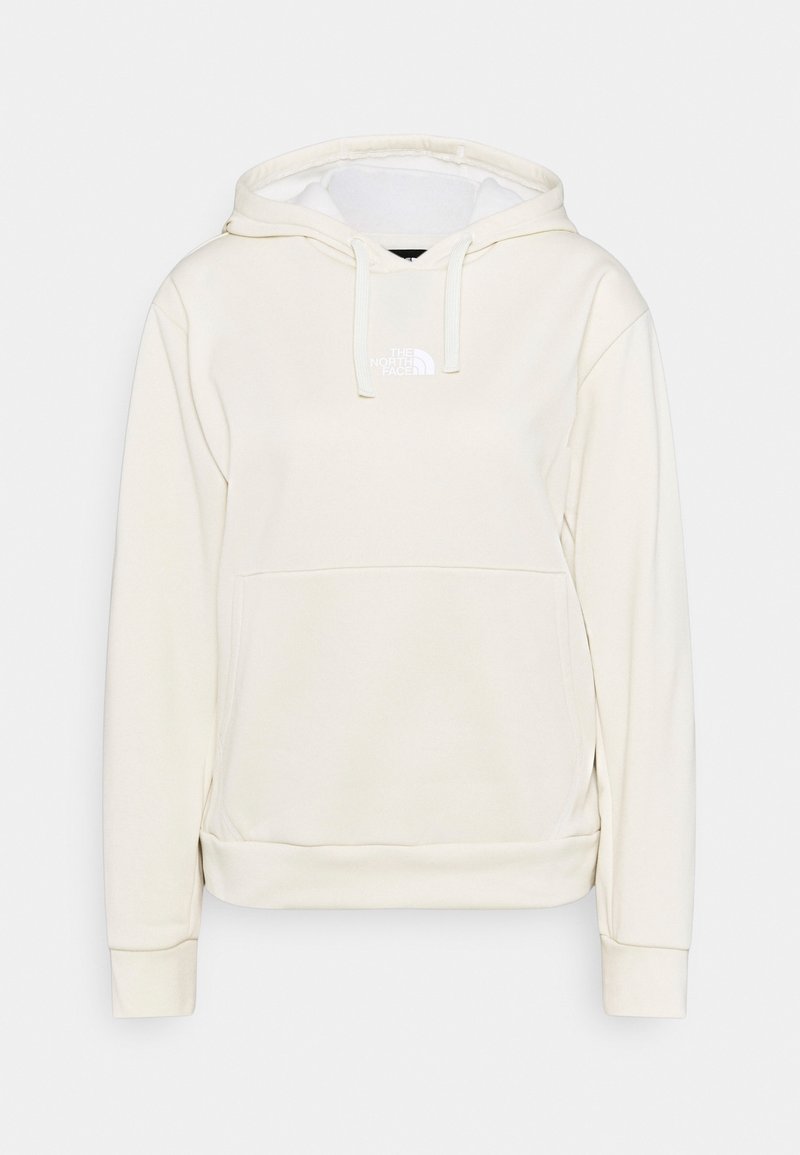 Sweat à capuche de couleur crème avec poche avant et cordon de serrage ajustable, avec un petit logo blanc sur la poitrine.