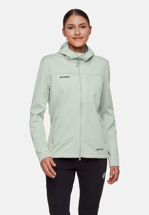 Kvinde iført lysegrøn hættetrøje med lynlås og sorte bukser, står med hænderne afslappet og smiler let mod en ensfarvet baggrund.