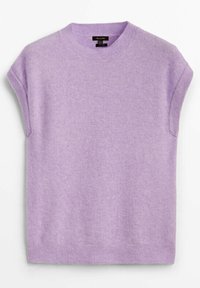 Pull lilas à manches courtes, texture douce, encolure ronde, ourlet et bords de manches côtelés, coupe décontractée, aspect léger et confortable.