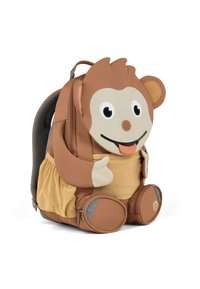 Brauner Rucksack mit Affenmotiv in runder Form, Netzpaneel, großem lächelndem Gesicht, auffälligen Ohren und seitlichen Reißverschlusstaschen.