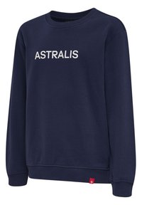 Mörkblå sweatshirt i bomull, med rund hals och långa ärmar. "ASTRALIS" är tryckt i vitt på framsidan. Röd etikett på fållen.