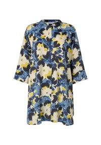 Bloemrijke tuniek met een abstract bloemenpatroon in blauw, geel, zwart en wit, lange mouwen en een kleine staande kraag met een voorkant plooidetail.