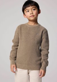 Rjav pleten sweatshirt z dolgimi rokavi, rebrasto teksturo in okroglo ovratnikom. Ima majhen logotip na prsih. V kombinaciji s svetlimi hlačami.
