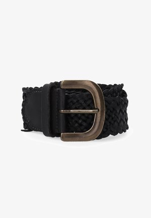 Schwarzer geflochtener Lederbelt mit einer bronzenen Metallschnalle, die ein strukturiertes Design aufweist sowie einer glatten Lederunterlage für einen Kontrast.