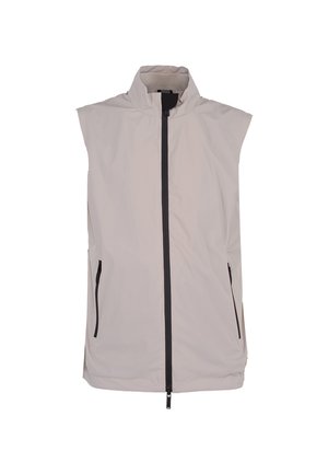Gilet smanicato beige chiaro con collo alto, cerniera frontale nera a tutta lunghezza e tasche laterali con cerniera nera su sfondo bianco.