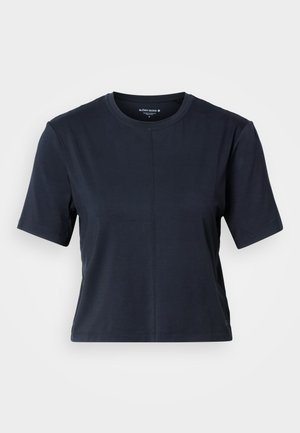 Kortærmet, mørkeblå croppet T-shirt med rund hals og detalje med søm i midten, vist på ensartet lyst baggrund.