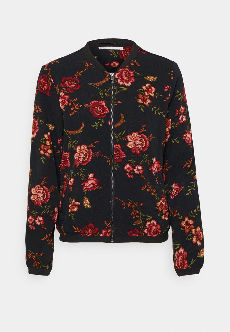 Veste bomber fleurie avec un fond bleu marine, motifs floraux dorés et rouges, col rond, manches longues et fermeture éclair à l'avant.
