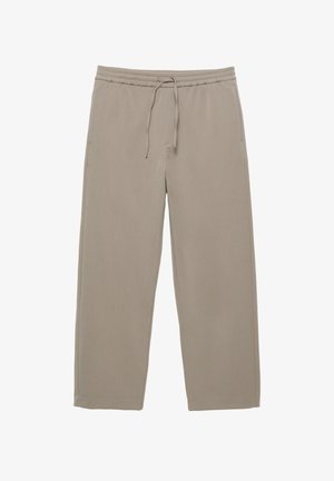 Béžové kalhoty s pružným pasem a šňůrkou na stažení. Mají dvě boční kapsy a rovné nohavice. Vyrobené z lehké látky.