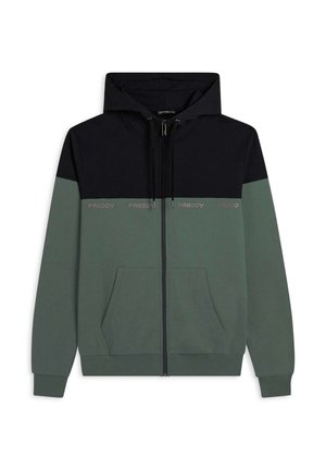 Sudadera con capucha y cremallera bicolor con la sección superior negra y la sección inferior verde oliva, con bolsillos delanteros y texto "FREDDY" en el pecho.